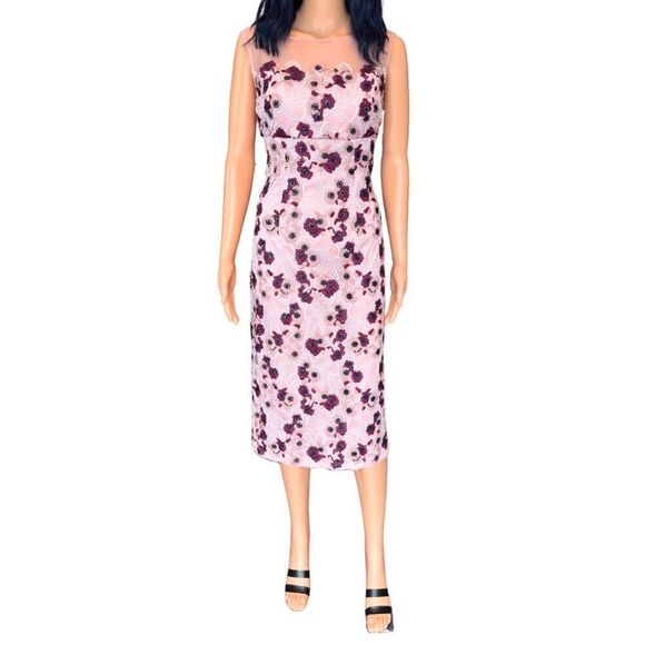 NWT JS Collections Mauve Pink Floral Illusion Neckline Mid Length Dress - Picture 1 of 6